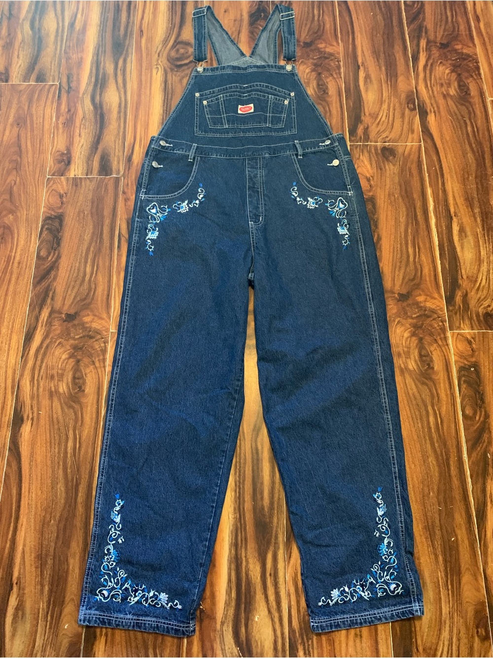 Vtg Y2K Revolt Denim Blue Floral Embroidered Adult Sz18 Overalls.           3792